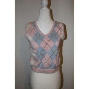 John Galt Brandy Melville Pink Argyle Cropped Sweater Vest V-Neck Cotton Size S